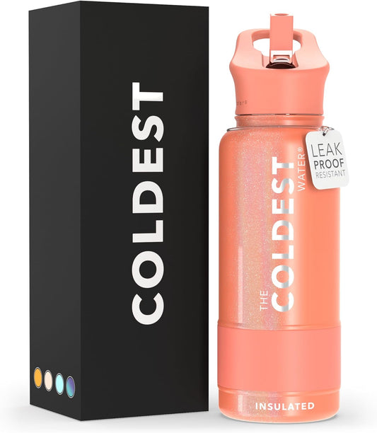 Coldest Insulated Water Bottle with Straw Lid - Stainless Steel Metal Insulated Bottle for Men & Women (Pink Froze Glitter, 32 oz)
