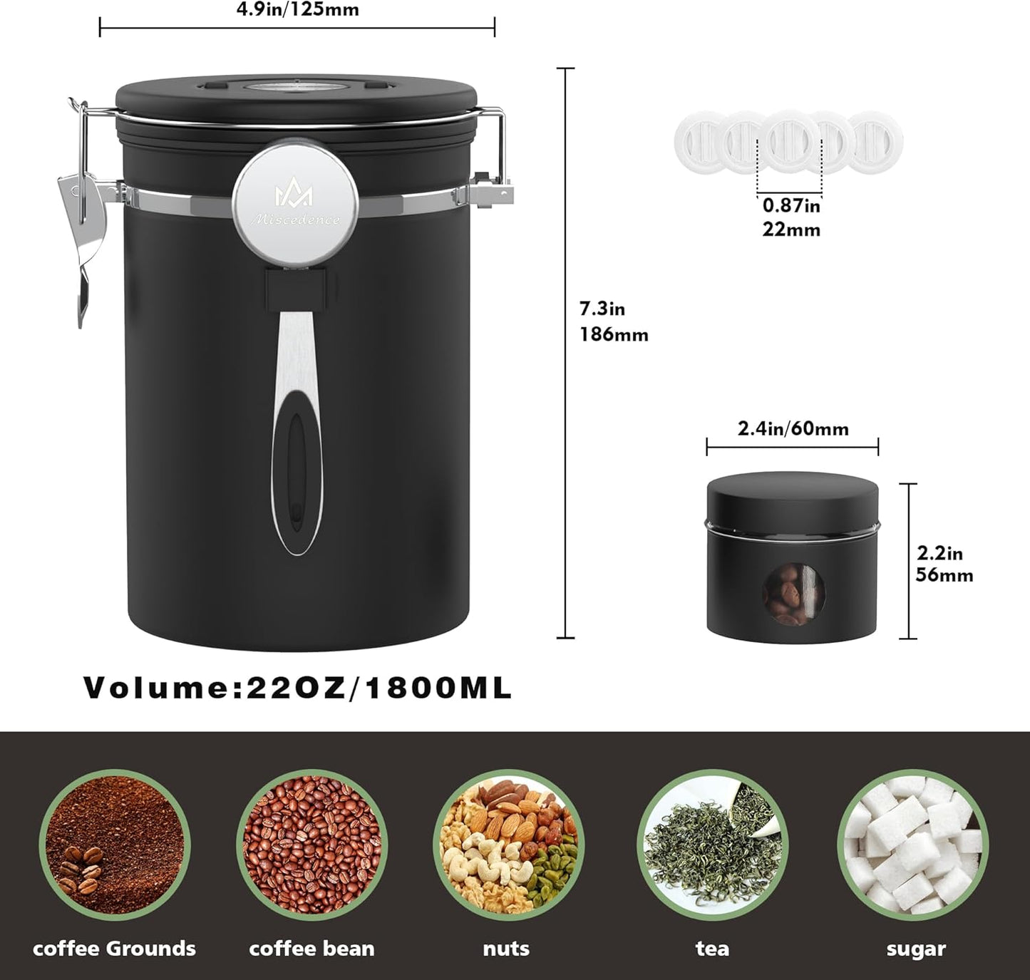 Coffee canister set for ground coffee with Date Tracker Travel Coffee jar,Stainless Steel Kitchen Food Airtight storage container for Coffee Beans or Grounds,Tea,Sugar (22oz-Black)