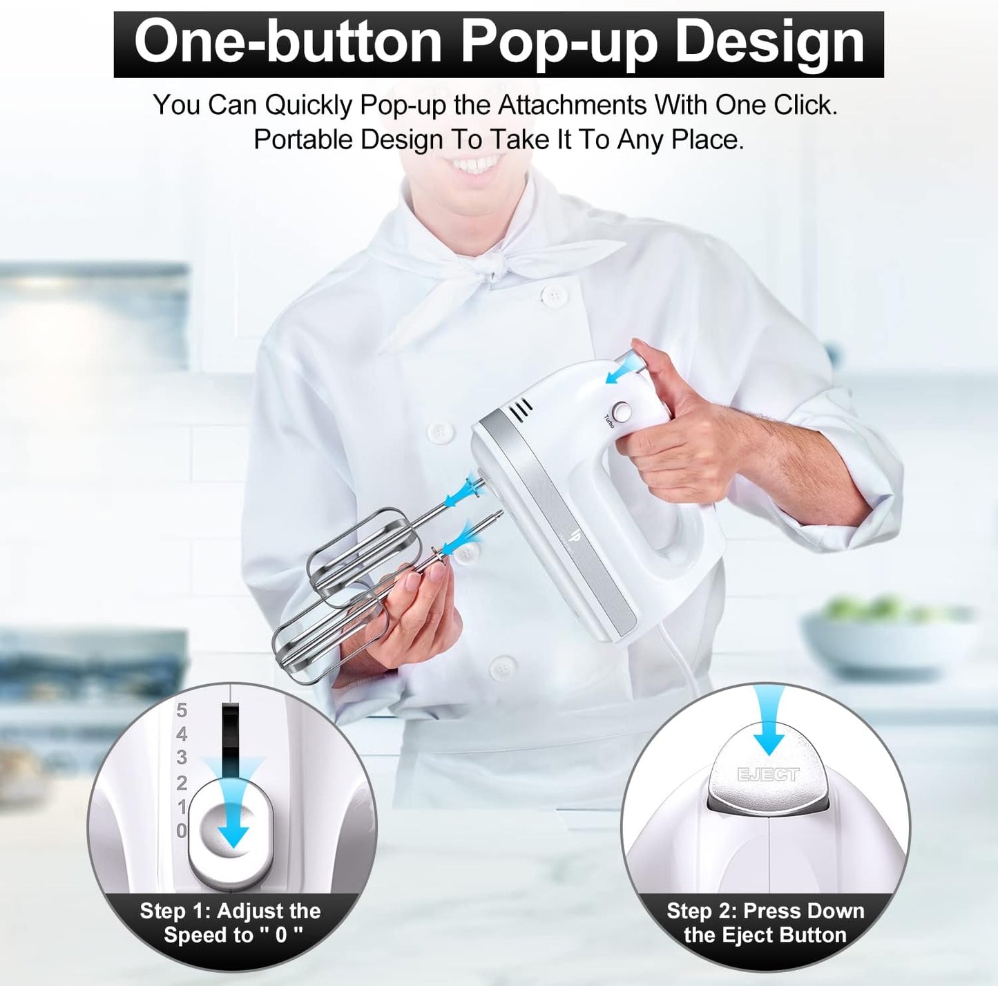 Hand Mixer Electric, 400W Food Mixer 5 Speeds Handheld Blender, 5 Stainless Steel Accessories, Storage Box, Kitchen Blender with Cord for Cream, Cookies, Dishwasher Safe, White