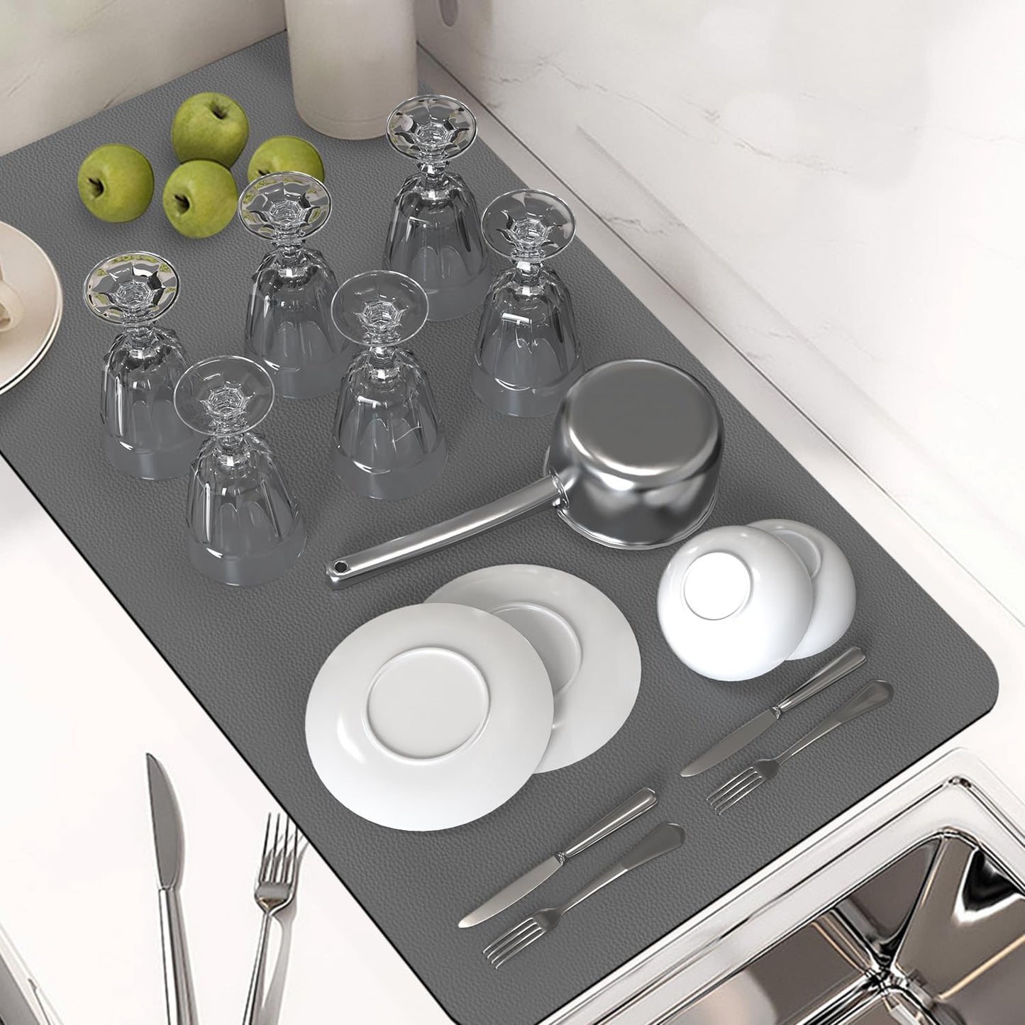 PoYang 31"x17" Coffee Mat X-Large, Coffee Bar Accessories for Countertop, Absorbent Dish Drying Mat, Anti-Slip and Hide Stain Pad for Espresso Machine, Espresso Maker and Kitchen Counter, Gray