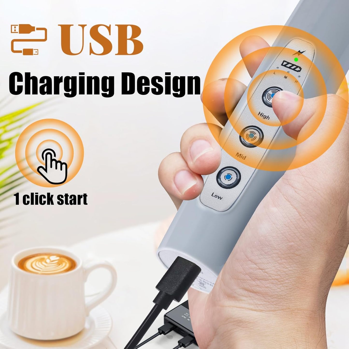 Nahida Cement Gray Milk Frother Wand for Coffee, Frother Handheld Rechargeable Electric Whisk with 3 Heads 3 Speeds Drink Mixer Coffee Frother Foam Maker For Latte, Cappuccino, Hot Chocolate, Egg