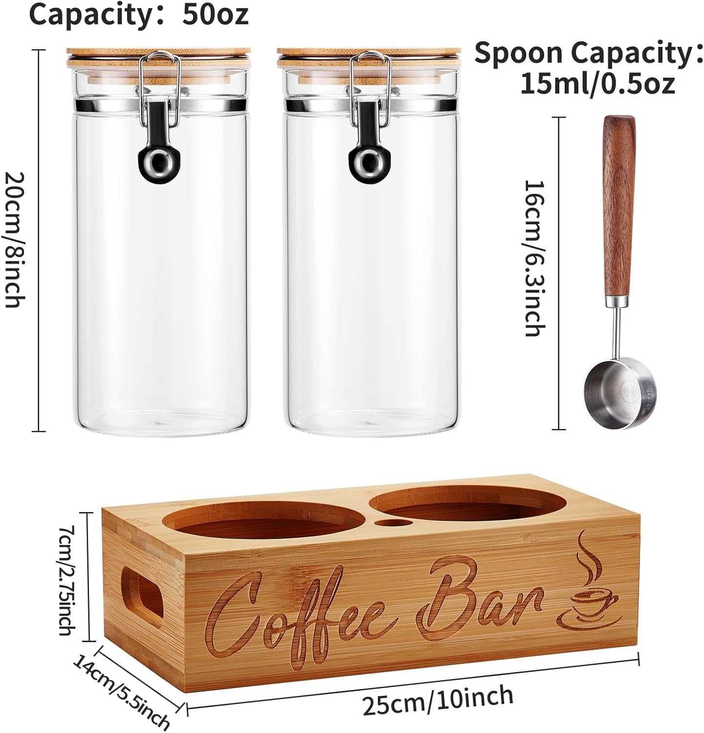 Coffee Canister Set with Shelf, 2 x 50oz Coffee Bean Canister Storage Station Organizer with Airtight Lid for Kitchen, Food Storage with Scoop for Ground, Sugar, Cereal and Tea