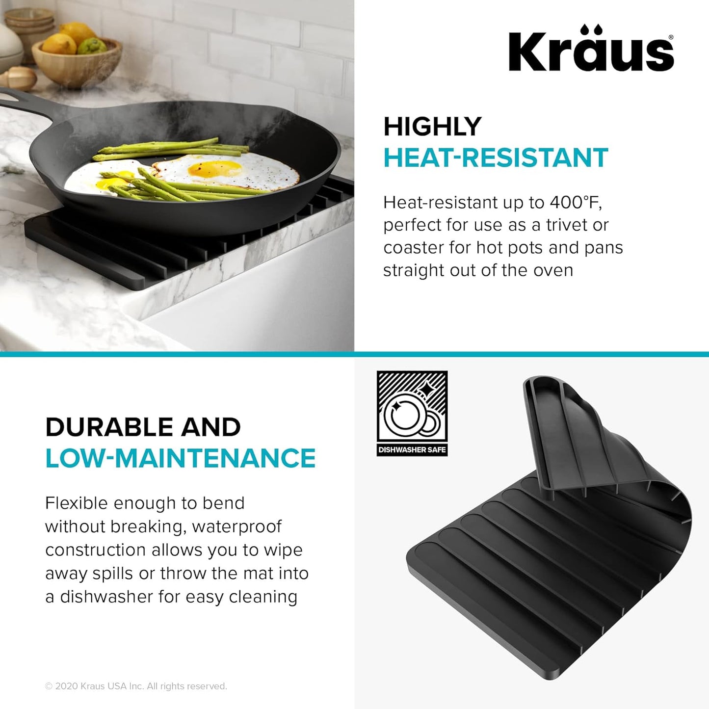 Kraus Self-Draining Silicone Dish Drying Mat and Silicone Soap Dish Holder for Bathroom or Kitchen Counter in Dark Grey, KDM-10-05DG