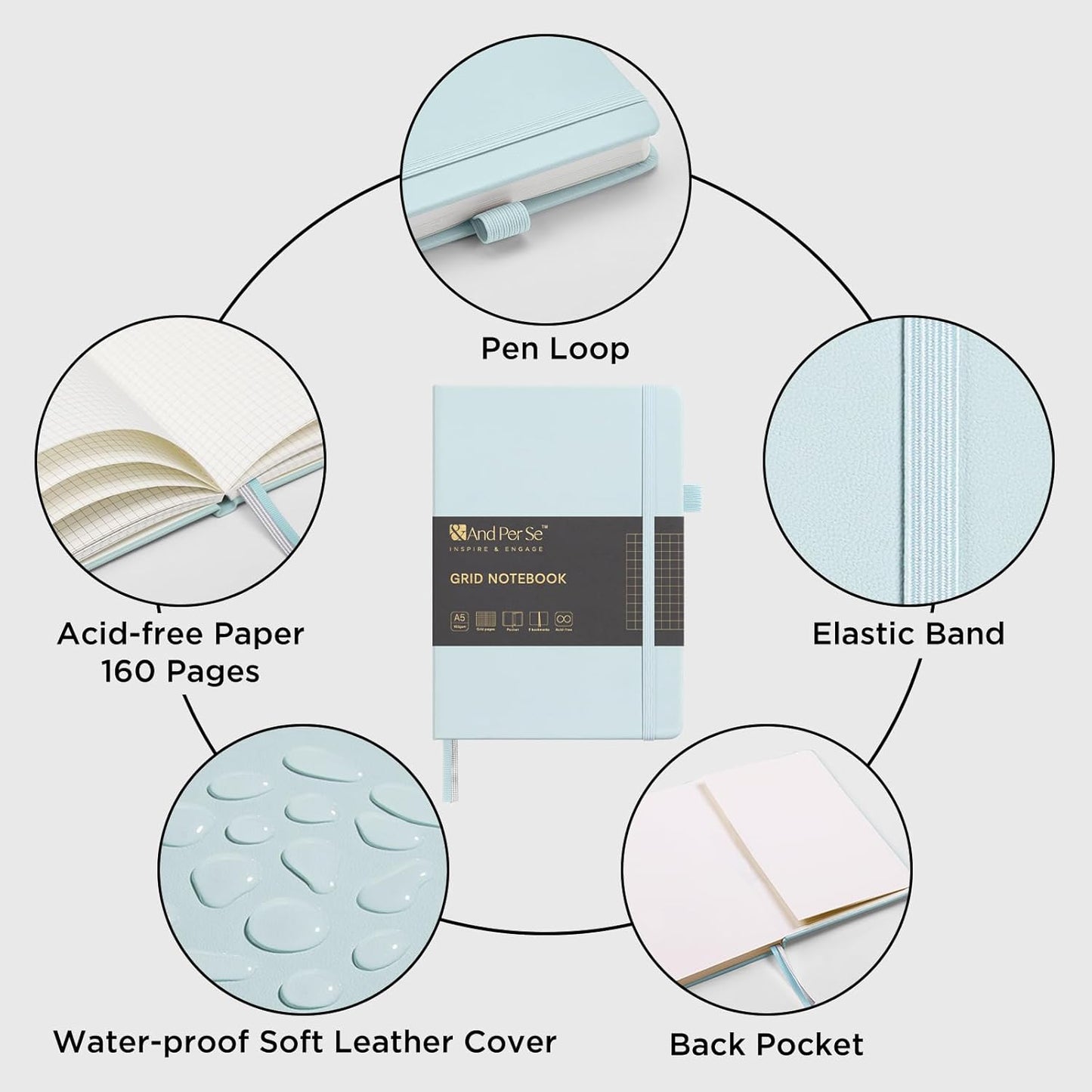 &And Per Se Graph Journal Notebook, 160 Pages, 5.7 x 8 inches College Ruled Thick Paper Notebook Journals for Writing, Grid Hardcover Notebook(1 Pack, cyan)