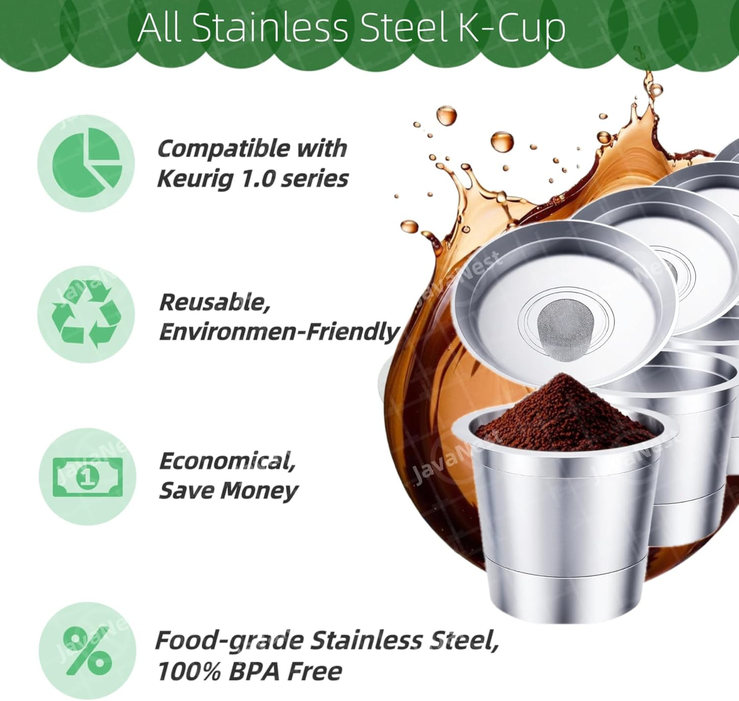 6 Pack Reusable K Cups with Stainless Steel Scoop – 304 Stainless Steel Coffee Pods Compatible with Keurig 1.0, Eco-Friendly Refillable Filter Set