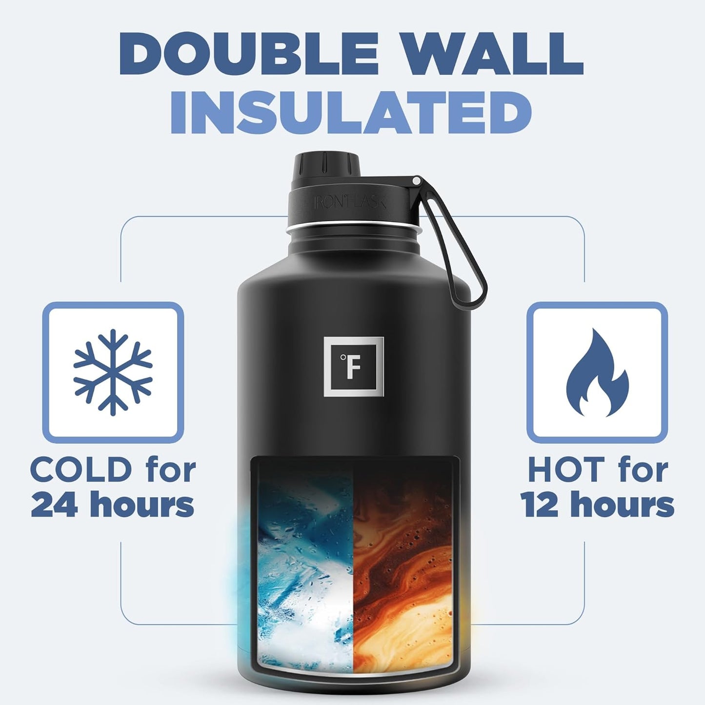 IRON °FLASK Camping & Hiking Hydration Flask with 3 Lids - Stainless Steel, Double Walled & Vacuum Insulated Water Bottle - Leak Proof & BPA Free (Day & Night, Spout - 64 oz)
