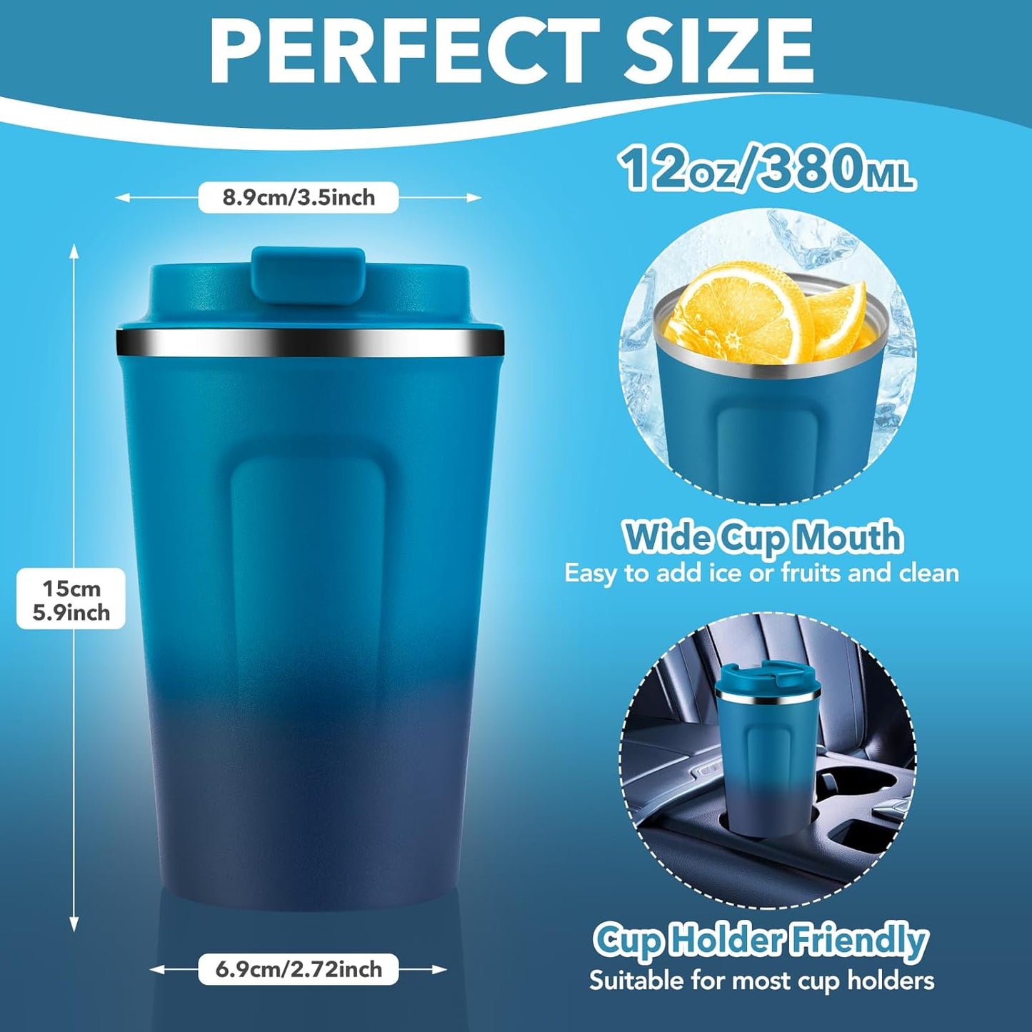 Volhoply 12 oz Double Wall Insulated Vacuum Travel Coffee Mug with Flip Lid,Reusable Stainless Steel Leak Proof Coffee Cup,Portable Cafe Thermal Tumbler Suitable for Hot&Cold Drinks(Dark Night,1 Set)