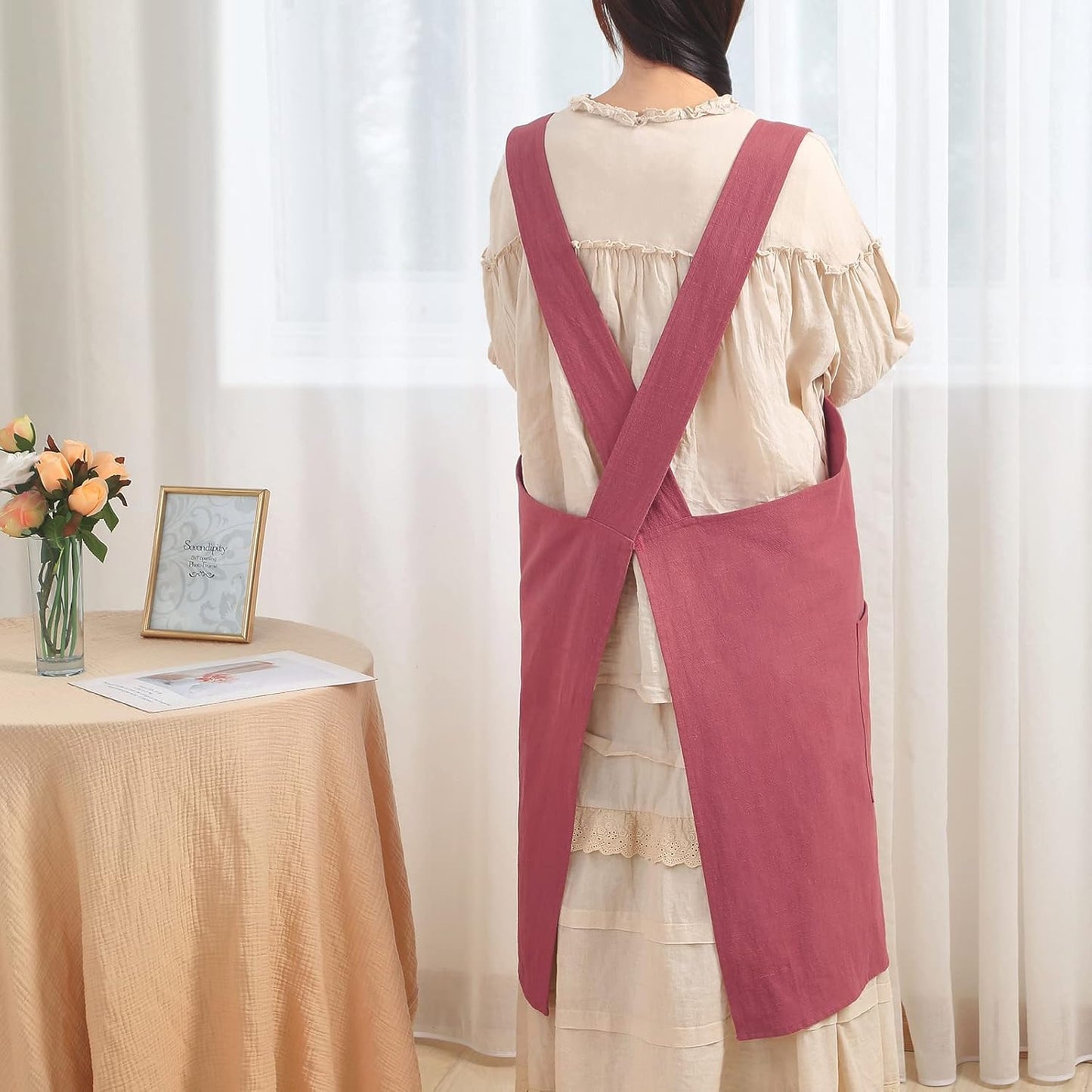 Soft Cotton Linen Apron for Women - Non-tie Cross Back Apron with Pockets, Great for Florist and Kitchen