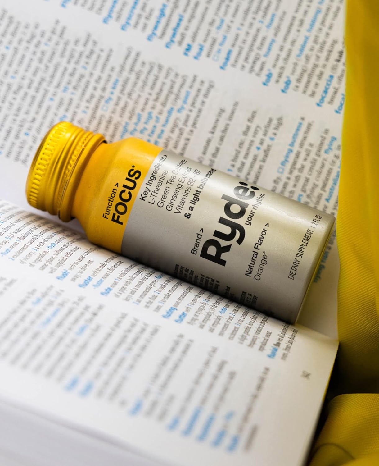 Ryde: Focus Shot | Orange Flavor | L-Theanine & Ginseng | Green Tea Caffeine | Vitamins B2 & B7 | 0 Calories, 0 Sugar | 2 FL OZ Shots | Supports Focus* (8 Pack)