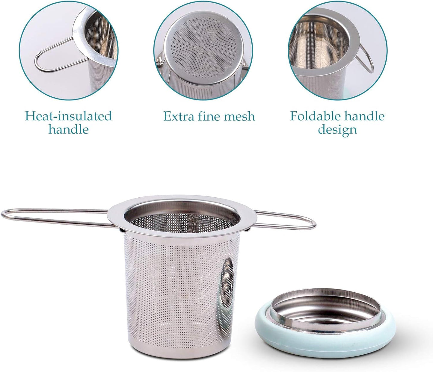 Fenshine Tea Infuser Stainless Steel Tea Strainer Folding Handle Tea Filter Extra Fine Mesh Strainer Brewing Basket with Lid for Loose Leaf Tea (Light Blue) …