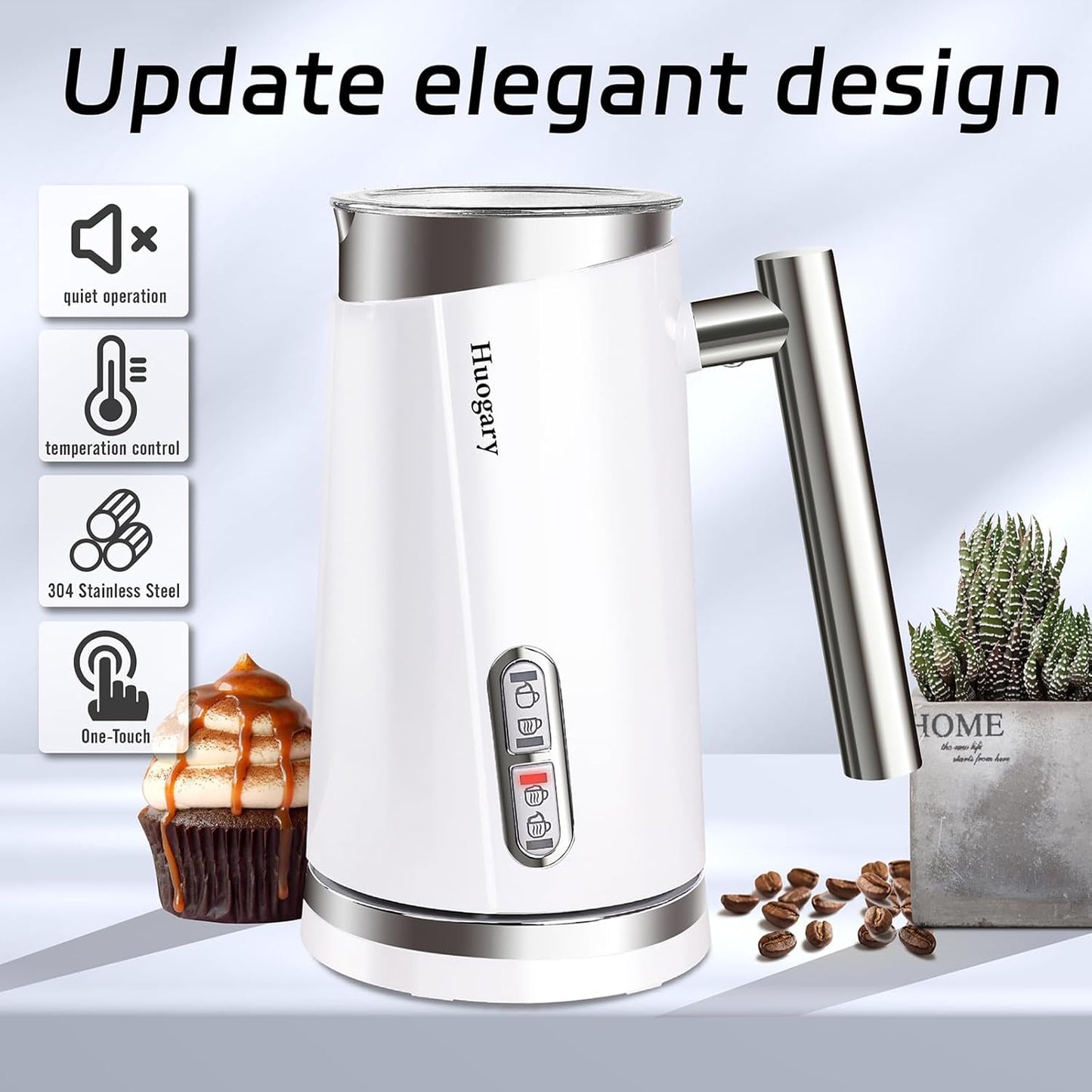 Huogary 4-in-1 Milk Frother, Updated Milk Frother and Steamer, Milk Steamer for Milk Foam & Hot Milk(4.39oz/10.5oz), Electric Milk Warmer and Frother for Coffee, Latte, Cappuccino White 120V