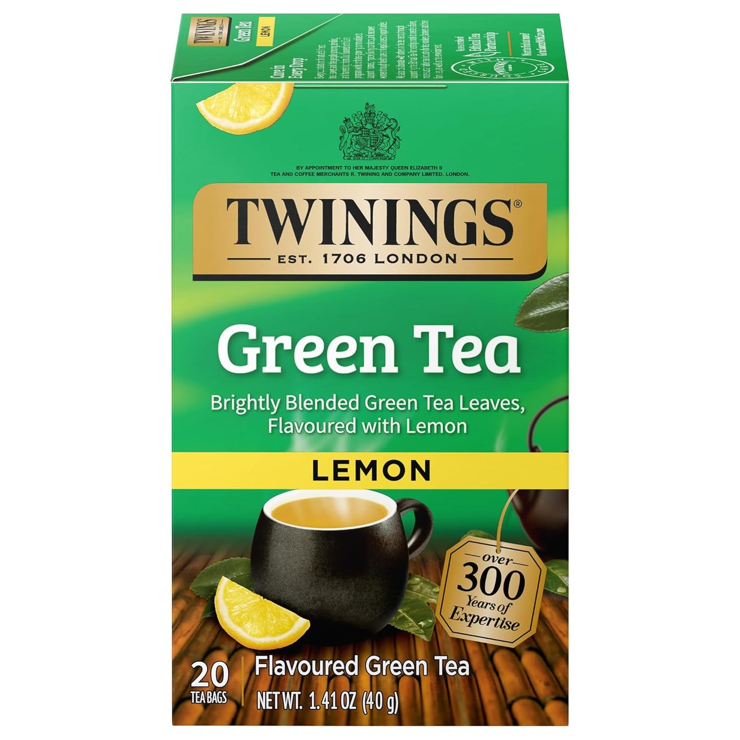 Twinings Green Tea with Lemon Individually Wrapped Bags, 20 Count (Pack of 1), Zesty Citrus Aroma & Flavour, Caffeinated, Enjoy Hot or Iced, 20 Teabags