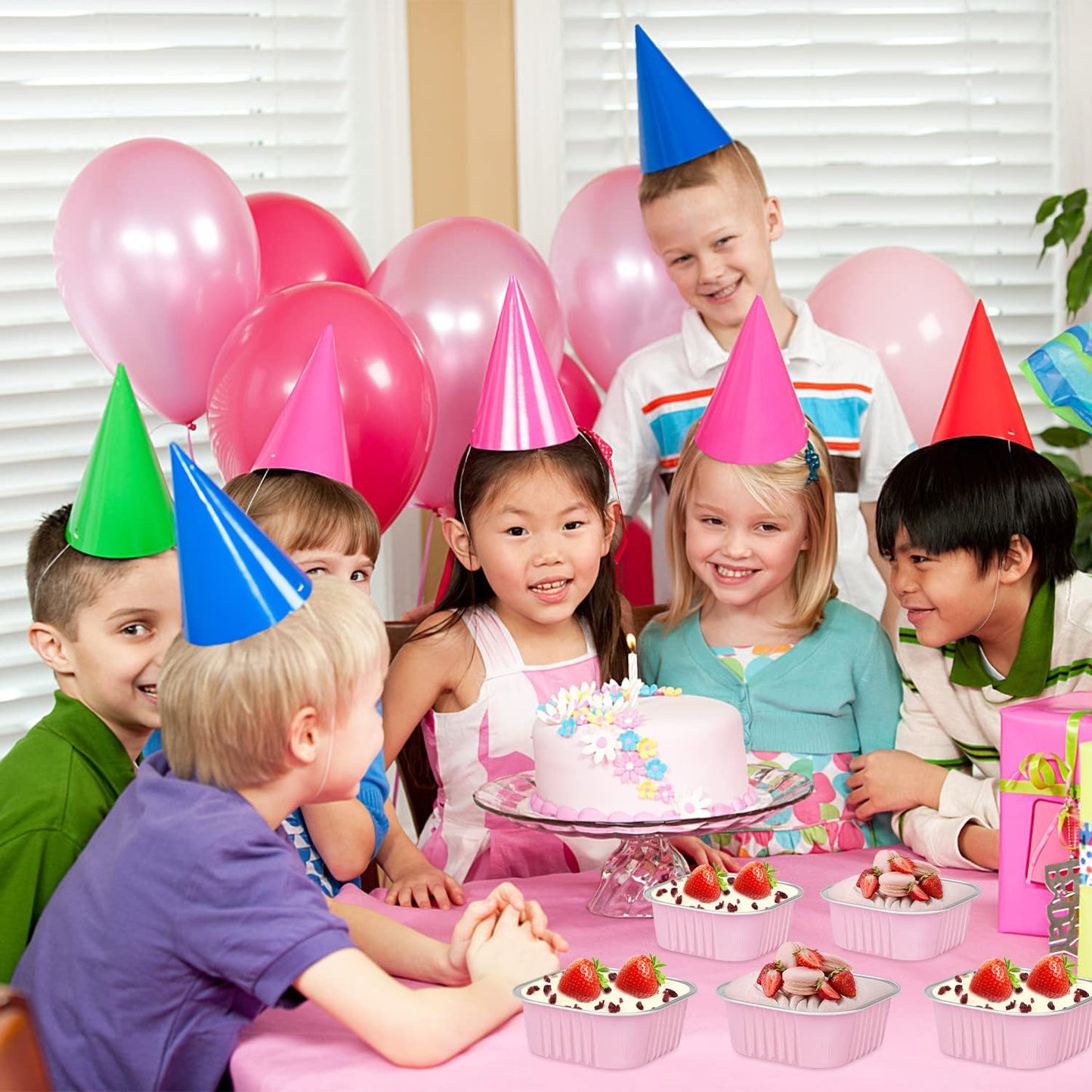 10oz/80pack Mini Cake Foil Pans with Lids,LNYZQUS 4”x4” Large Cupcake Pan Disposable Ramekins,Small Brownie Baking Cups Square Muffin Tin Cheesecake Containers Holders-Pink