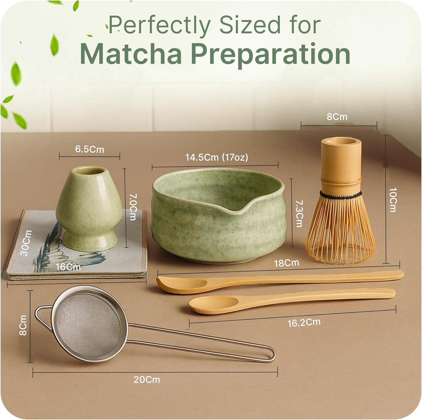NEKOLA Matcha Whisk Set (7Pcs) Matcha Bowl, Bamboo Whisk, Whisk Holder, Spoon & Scoop, Sifter & Tea Towel Tea Making Ceremony Kit for Matcha Lovers Unique Gifts for Women,Men & Girlfriend