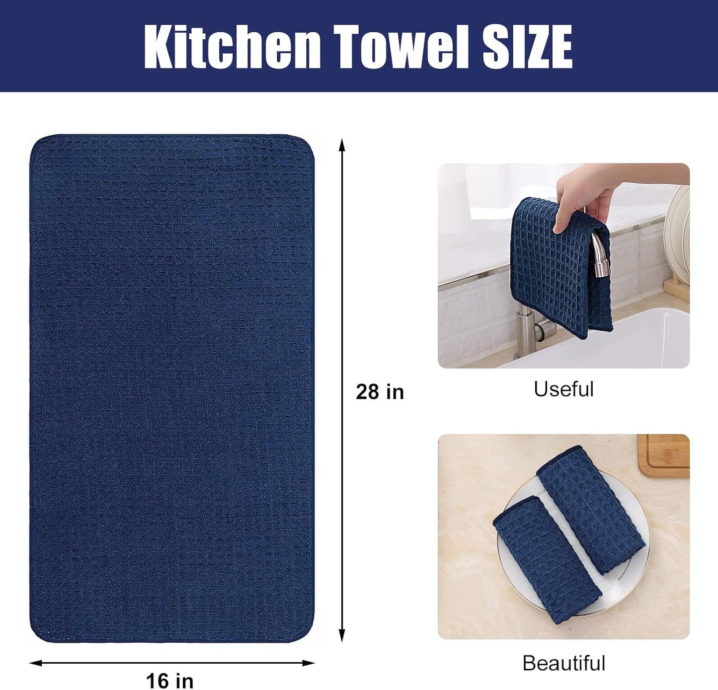 Homaxy Microfiber Waffle Weave Kitchen Towels, 16 x 28 Inch Ultra Absorbent and Solid Color Dish Towels, 4 Pack, Navy Blue