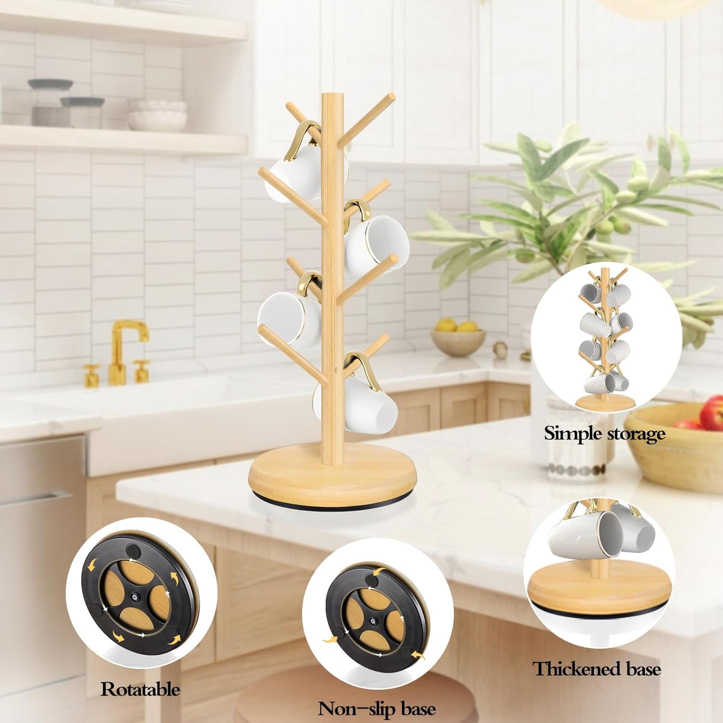 Mug Holder Tree,New Upgraded 360° Rotated 8 Hooks Coffee Cup Holder for Counter,Wood Coffee Mug Rack Standing for Coffe e Bar Accessories and Kitchen Home Organizer(Natural)