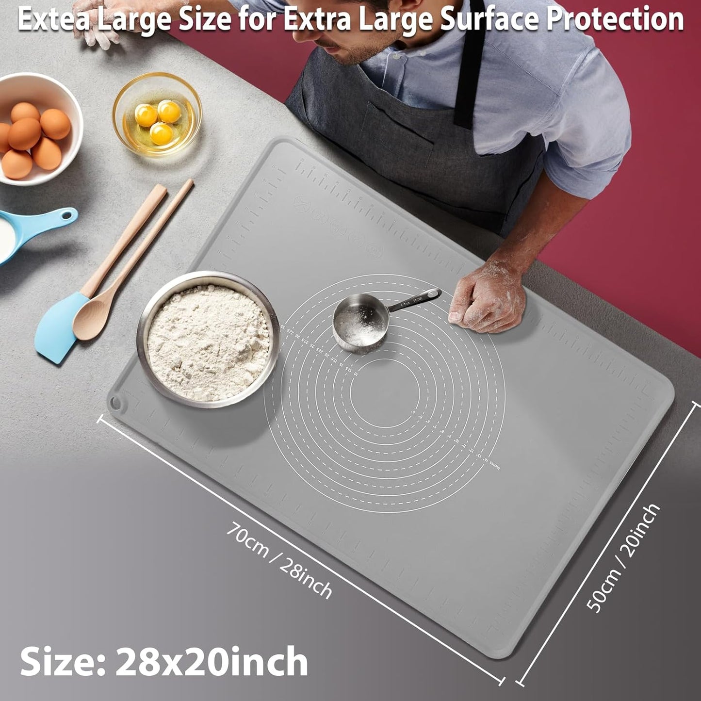 28"X20" Silicone Baking Mat Extra Large Non-stick Pastry Mat with High Edge, Dough Rolling Board for Pastry, Macarons, Pies, Bread, Cookies, Pizza, Fondant, Pasta, Food Grade Silicone Baking Supplies
