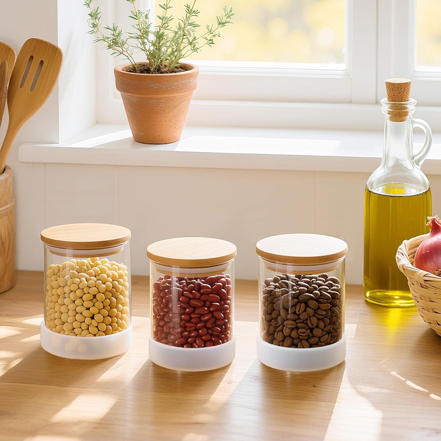 17oz Round Glass Storage Containers with Bamboo Lids – 12 Pack Small Airtight Clear Spice Jars for Pantry Organization, Kitchen Dry Food, Flour, Spice, Coffee Beans, Staples & Snacks