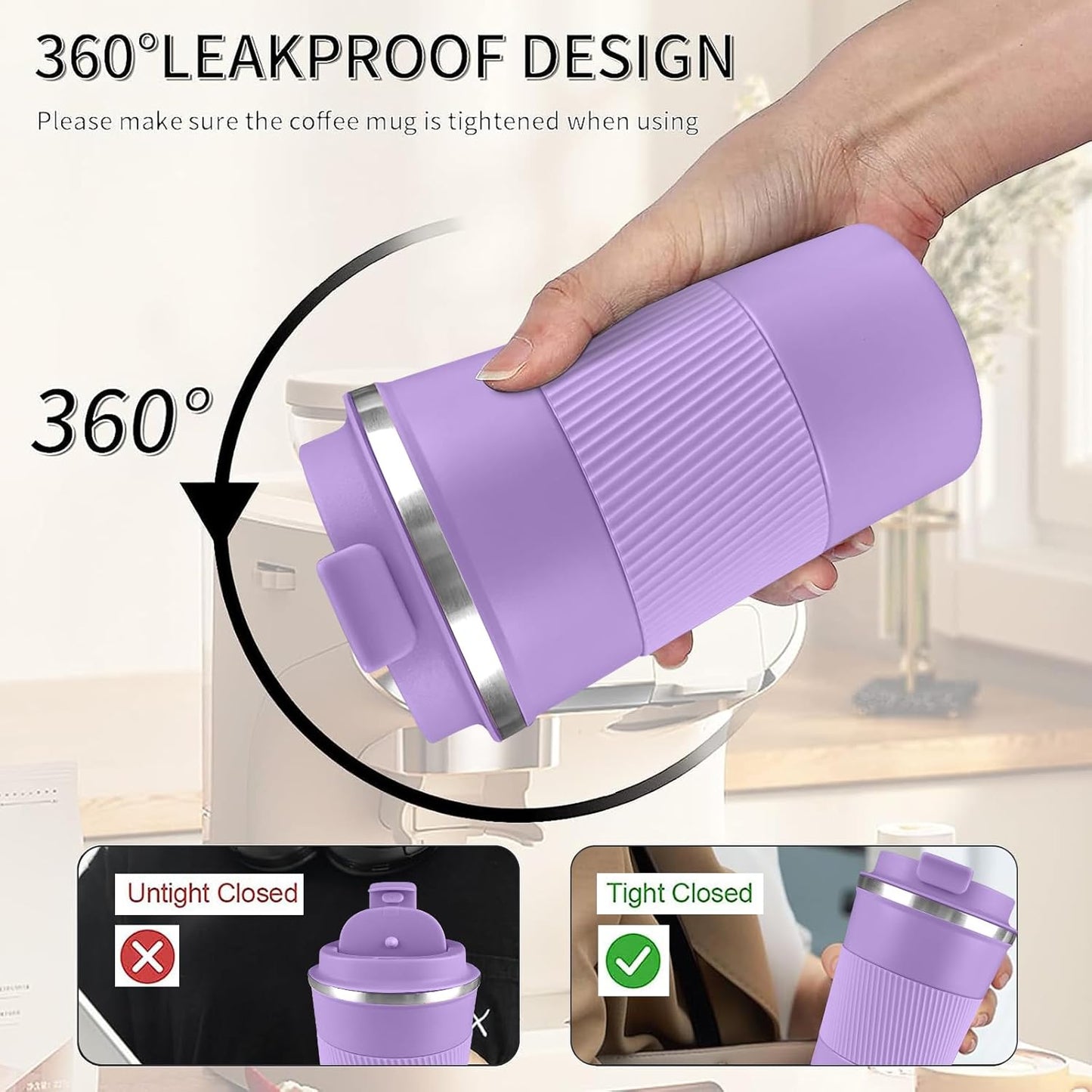 YINBAOGE Insulated Travel Coffee Mug Spill Proof Leak Proof Pobtable To Go Camping Stainless Steel Coffee Tumbler Reusable Coffee Cups with Lids Thermos for Hot and Cold Drink (Purple, 12 OZ)