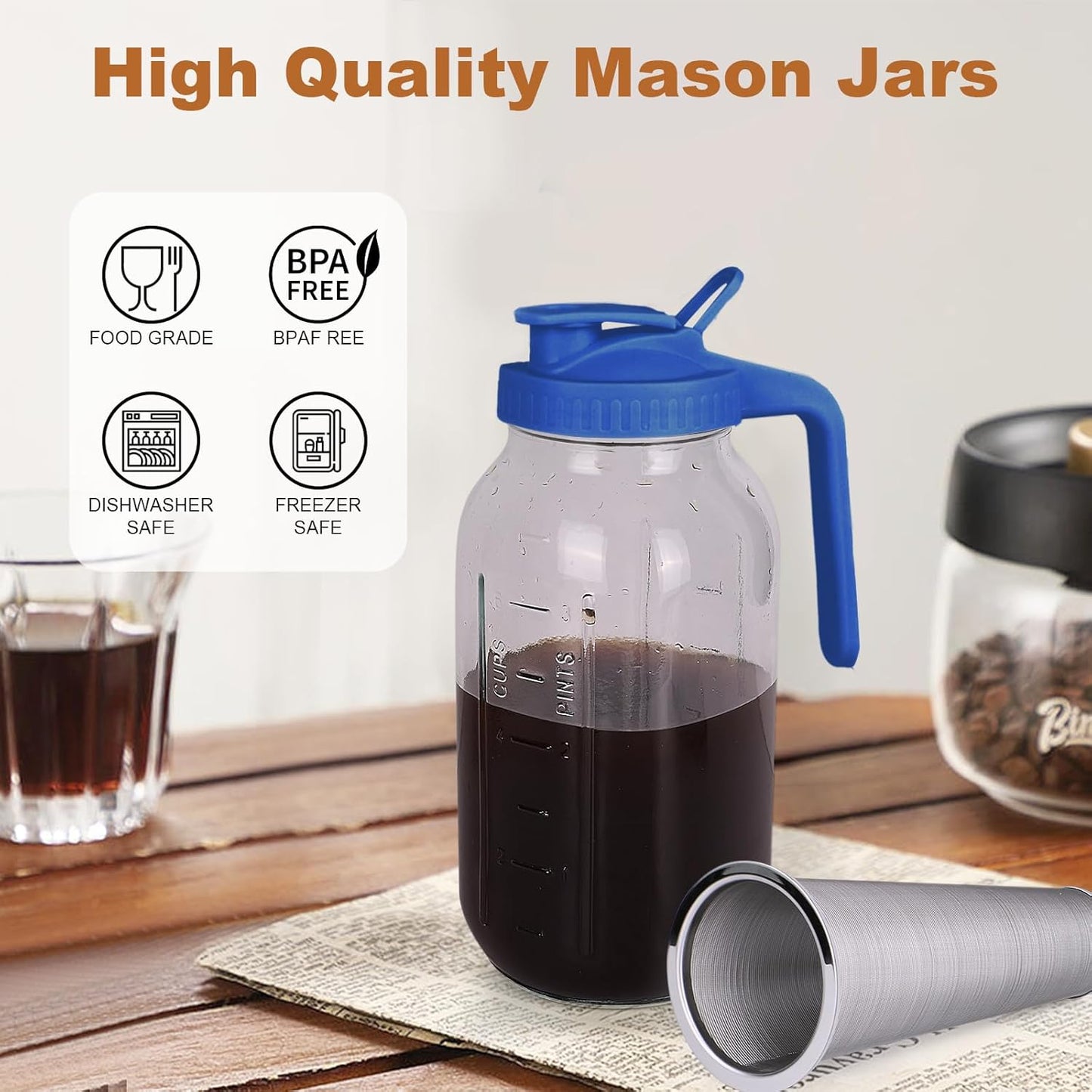 Cold Brew Coffee Maker,64 oz Mason Jar Pitcher with Stainless Steel Filter, Pour Spout Handle Lid, Heavy Duty Glass Airtight & Leak-Proof Pitcher for iced coffee Tea Lemonade -Blue