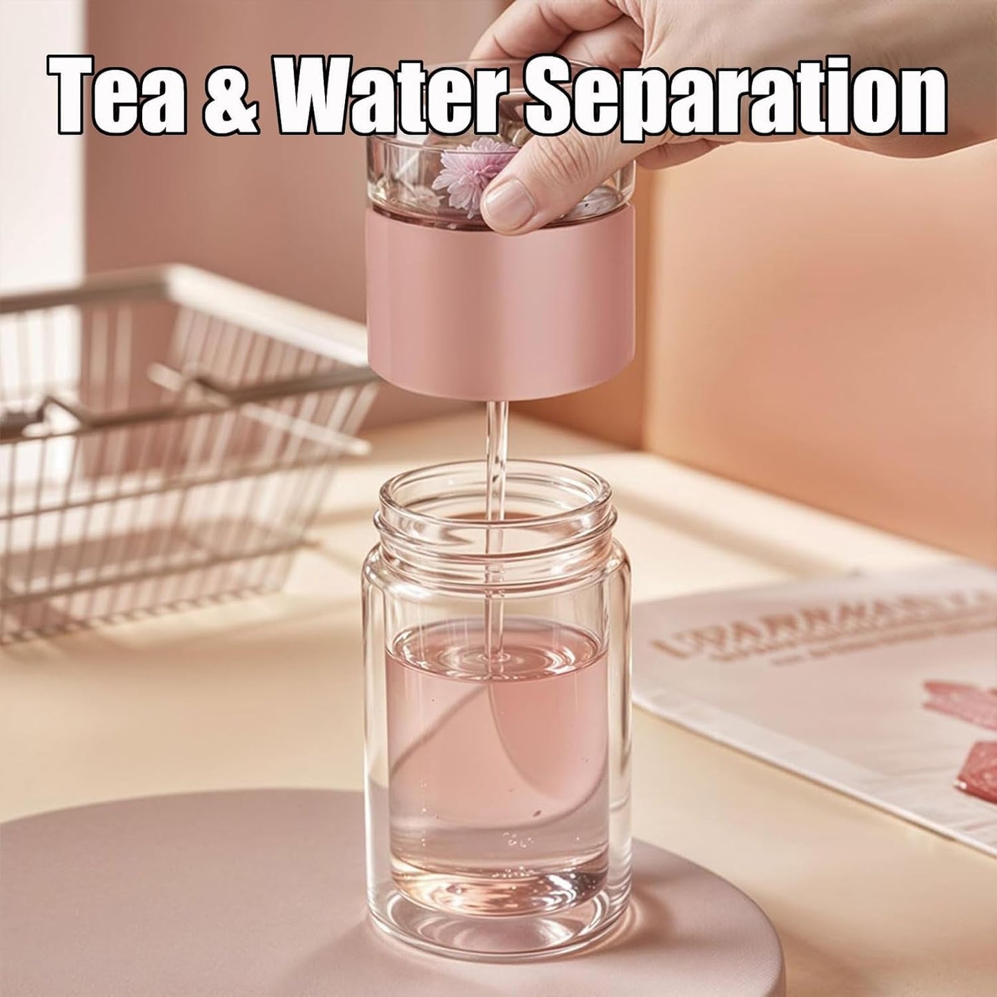 Tryteava Glass Infuser, Tryteava 3-in-1 Smart Tea Infuser, Portable Glass Double Wall Tea Infusers Bottle, with Stainless Steel Filter, Hot & Cold Brew, For Loose Leaf, Office Home (Silver, 280ml)