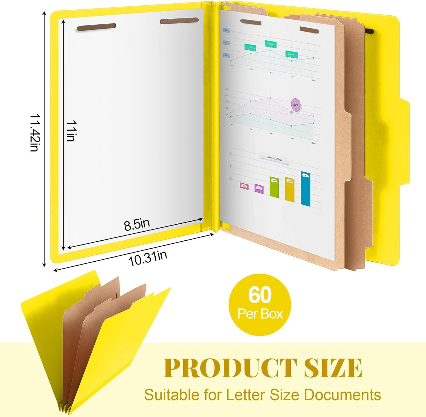 60 Pcs Classification Folders Letter Size, 2 Divider Pressboard File Folders with 3. 5 Inch Expansion, 2 Prongs Fastener, Heavy Duty Office File Organizers for Teachers, Medical (Yellow)