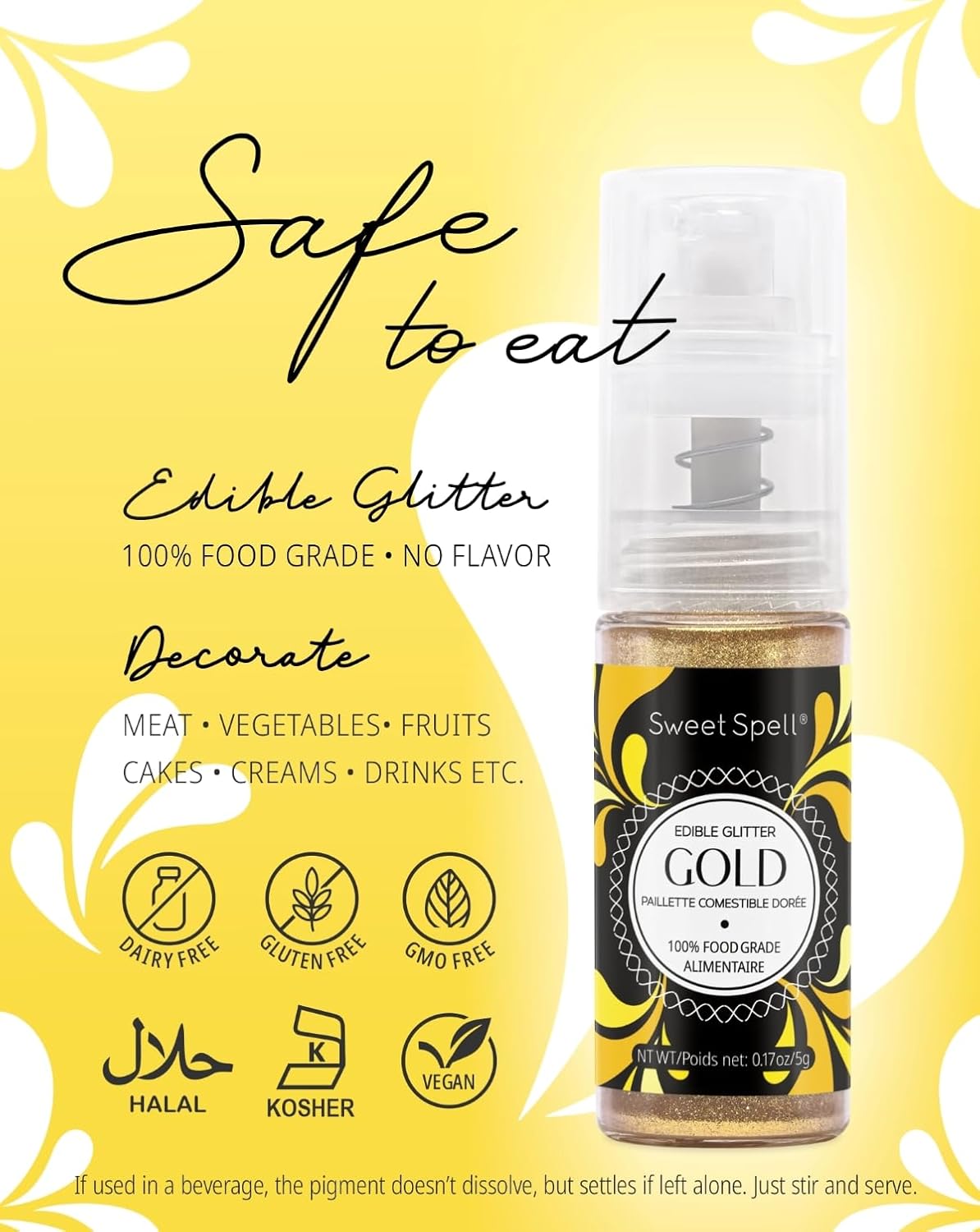 Sweet Spell Edible Cake Glitter Spray – Shimmering Magic for Cakes Decorating & Cocktails – 100% Edible, Food-Grade, Vegan, Gluten-Free (Gold)