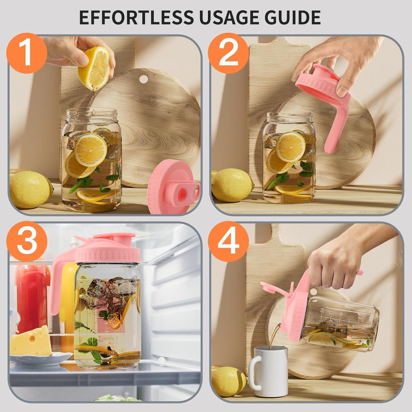 64oz Glass Pitcher with Lid &Pour Spout - 2 Quart Breastmilk Pitcher Double Leak Proof, Creamer Container for Sun Tea, Juice, Cold Brew Coffee, Breastmilk Storage Container -Pink Lid