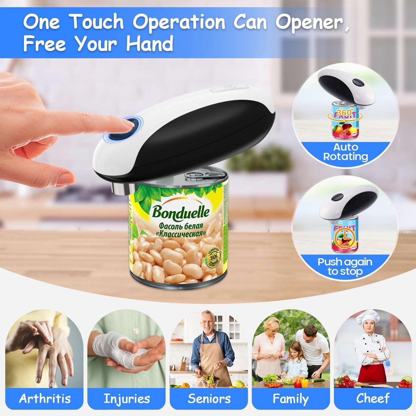Electric Can Opener, Can Opener Electric Fits All Can Sizes, One Touch USB Rechargeable Electric Can Opener for Kitchen and Seniors with Arthritis, Chef, Automatic Can Opener, Portable Kitchen Gadgets