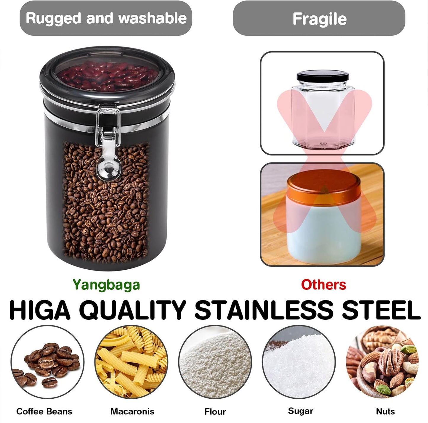 Yangbaga 3x63OZ Sugar Coffee Canisters with Shelf, 304 Stainless Steel Coffee Station Container for Ground Coffee Bean Storage with Airtight Locking Clamp&Scoop, Cereal Containers Storage for Kitchen