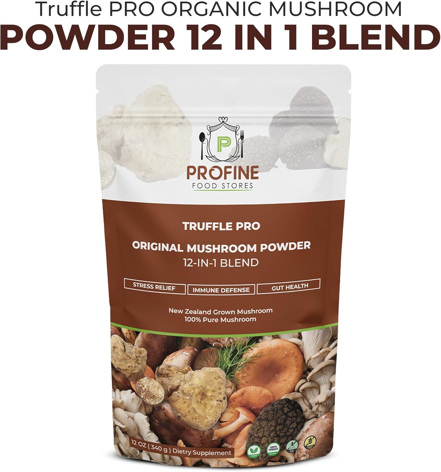 PROFINE Truffle PRO Mushroom Powder 12- in - 1 Super Blend with Black Truffle and White Truffle - USDA Organic - Supplement - Add to Coffee/Tea/Smoothies - Whole Mushrooms - No fillers
