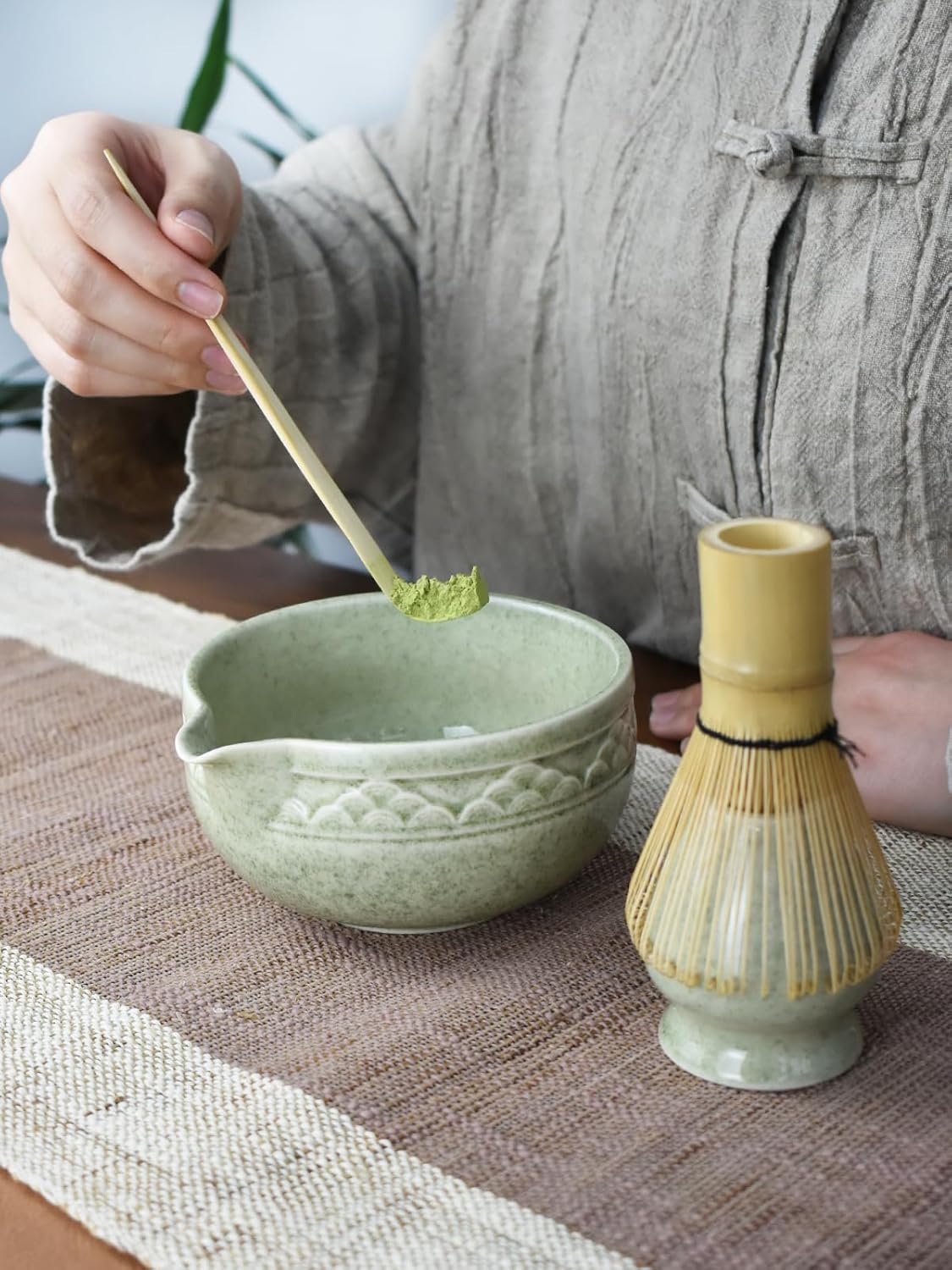 Artcome Matcha Tea Set with Pouring Spout - Green Ceramic Matcha Bowl, Bamboo Whisk, Whisk Holder, Tea Scoop & Matcha Tea Manual for Traditional Japanese Tea Ceremony - Ideal for Gift - Light Green