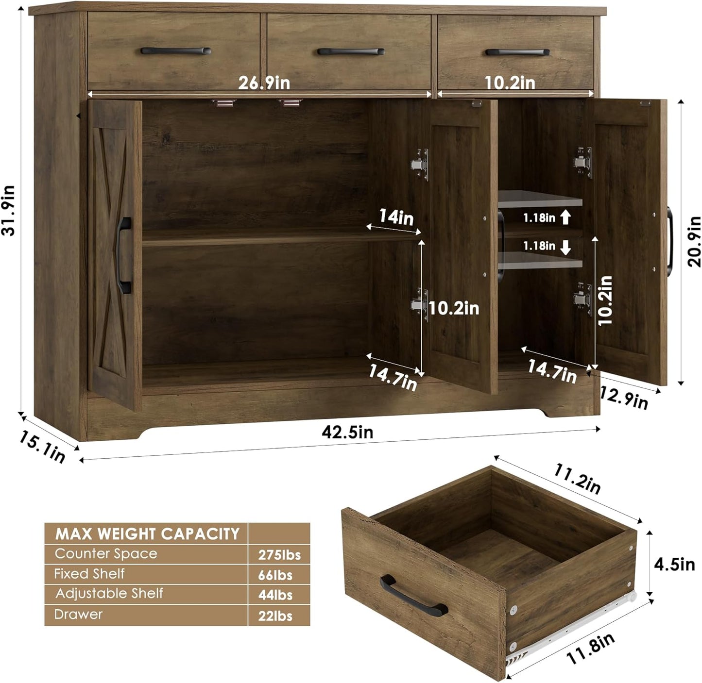 HOSTACK Modern Farmhouse Buffet Sideboard Cabinet, Barn Doors Storage Cabinet with Drawers and Shelves, Wood Coffee Bar Station for Dining Room, Kitchen, Living Room, Rustic Brown