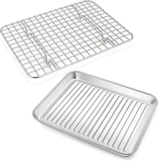 P&P CHEF Toaster Oven Pan with Wire Rack, Stainless Steel Baking Oven Sheet Tray, Bacon Pan and Cooling Rack for Cooking Roasting Cookie, Dishwasher Safe & Easy Clean, 9 x 7 x 1 Inch