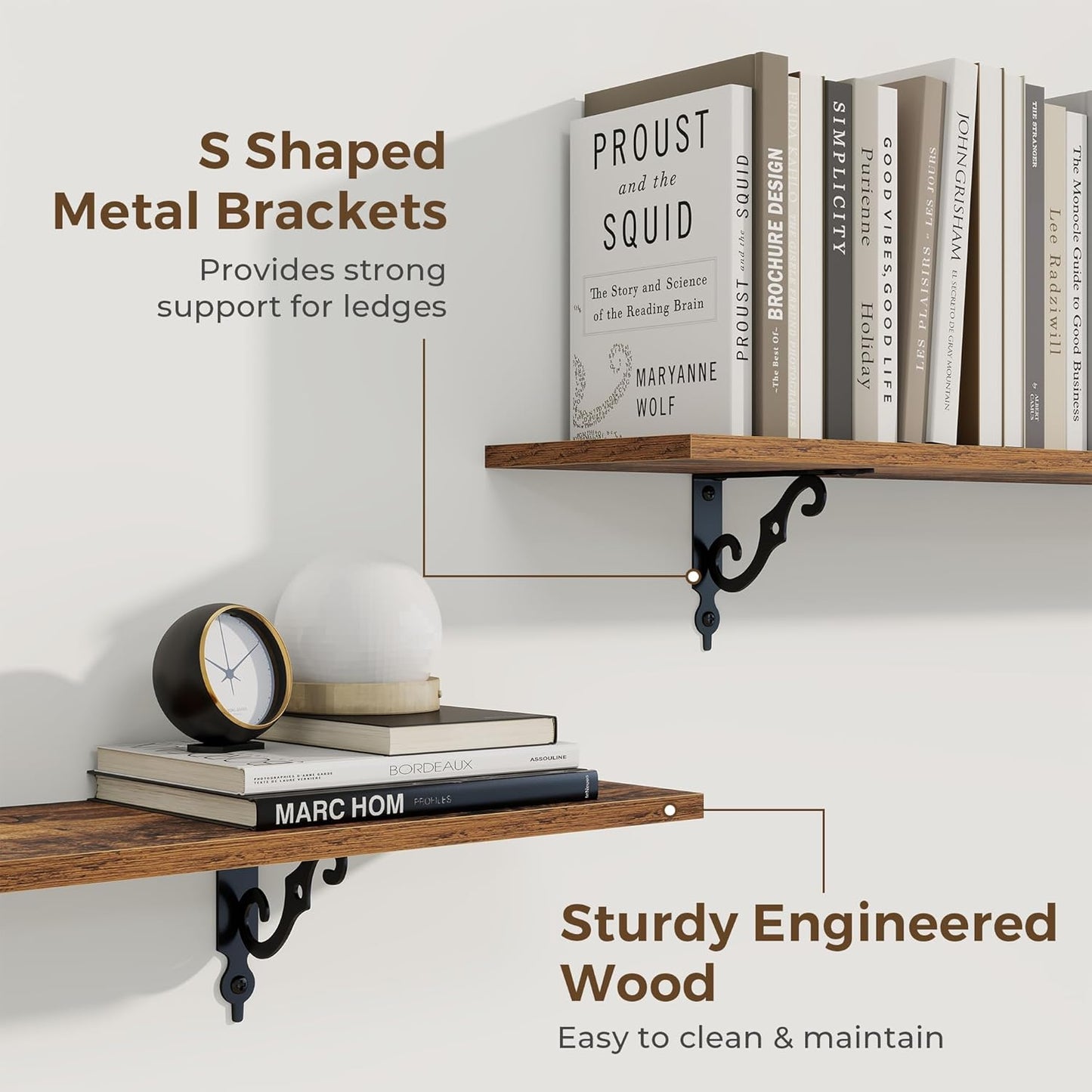 RICHFOCUS Floating Shelves for Wall Decor, 39.4W x 8D Wall Shelves Set of 2, 8 Inch Deep Rustic Wood Shelves Wall Mounted with Brackets, Long Shelves for Living Room Bedroom Kitchen, Rustic Brown