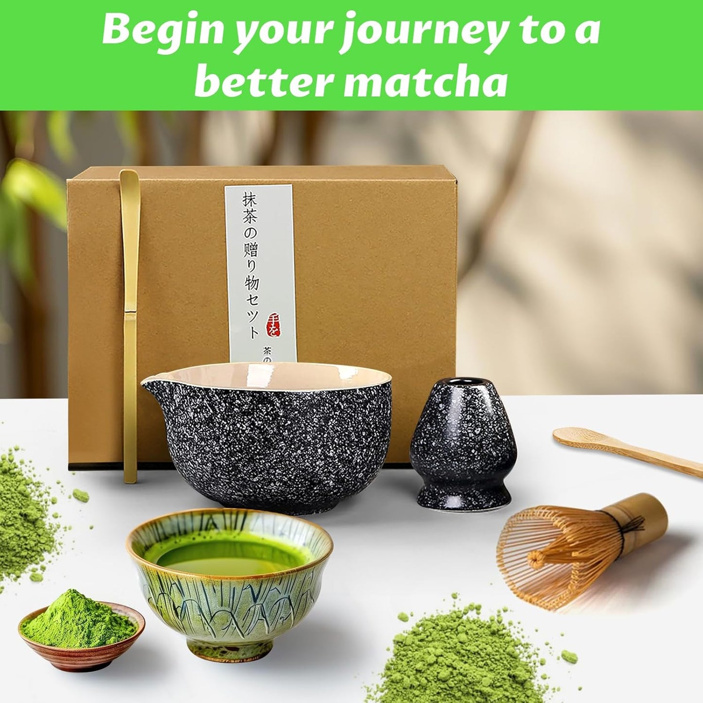 Matcha Set, 6 Pcs Matcha Whisk Set with 20 oz Bowl, Bamboo Whisk for Matcha Tea, Matcha Bowl, Ceramic Matcha whisk Holder, Stainless Sifter and Scoop - Gift for matcha kit Lovers（Black）