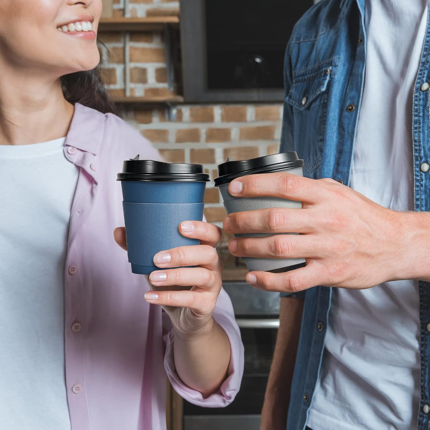 LITOPAK 100 Pack 10 oz Disposable Paper Coffee Cups with Lids, Sleeves and Stirring Sticks for Hot Coffee, Water or Juice, Blue and Gray Hot Paper Cups for Cafes, schools, offices, shops