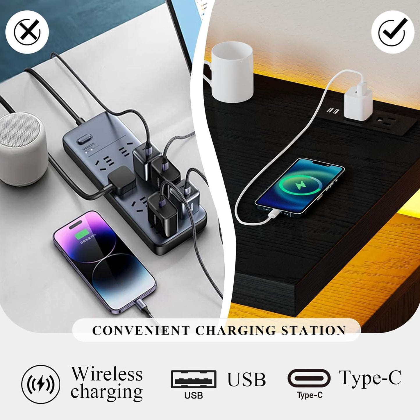 4 EVER WINNER LED Coffee Bar Cabinet, Sideboard Buffet Cabinets with Storage, Modern Cabinet with Charging Station, Black Coffee Bar for Kitchen, Dining Room