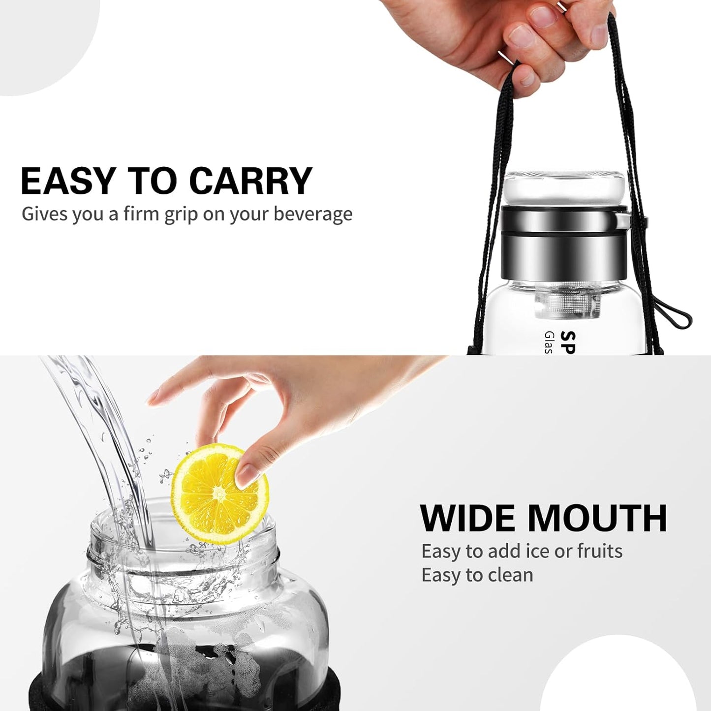 32 oz Glass Water Bottles - Large, Clear, Borosilicate Glass Water Bottle with Stainless Tea Infuser - Cup-Function Lid, Neoprene Sleeve, Strap - Wide Mouth BPA free, for Tea, Beverages, Juice