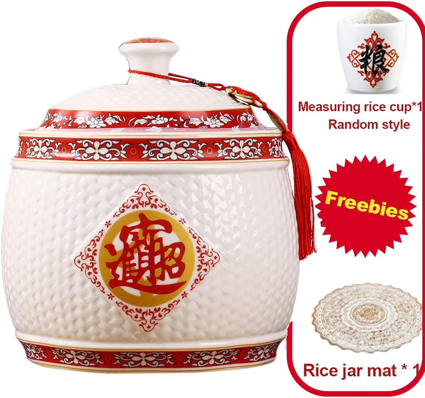 Traditional Chinese Style Large-Capacity Rice Pot, Ceramic Rice Bucket With Tassel Design, Airtight Storage Container For Rice, Grain, Snacks, Dry Foods