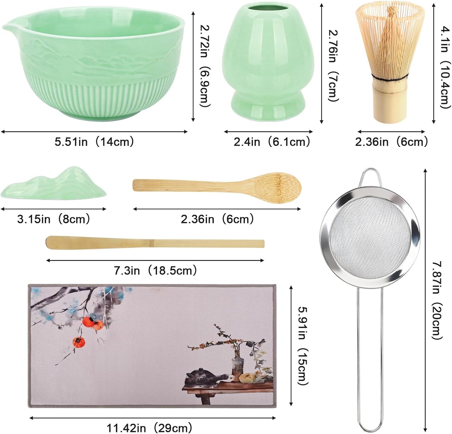 PHILORN Matcha Whisk Set 9Pcs Ceramic Matcha Kit Matcha Bowl with Spout, Whisk, Holder, Bamboo Scoop, Scoop Rest, Sifter and Tea Towe for Matcha Lover and Tea Ceremony (Cyan)