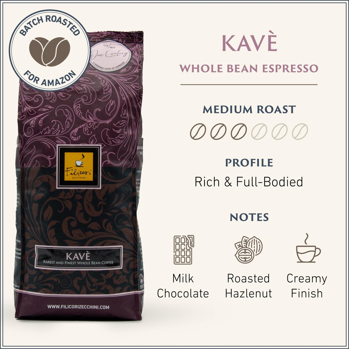 Filicori Zecchini Italian Espresso Beans – Whole Bean Coffee Medium Roast Arabica & Robusta Blend – Low Acidity, Slow Roasted – Kavè 2.2lb Bag