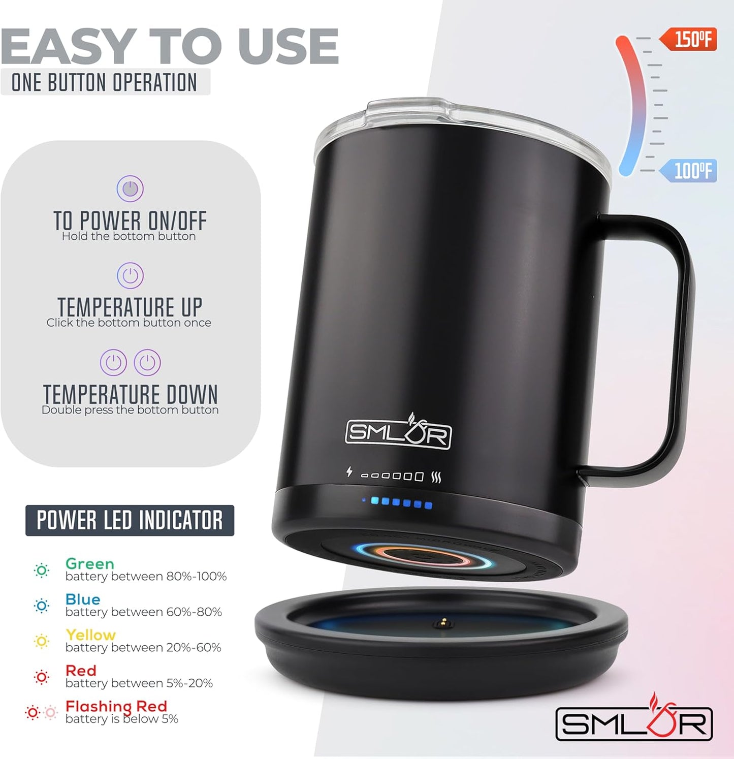 SMLDR Pro Heated Mug, 14 oz Smart Coffee Mug, Self-Heating, Adjustable Temperature, Battery Powered, Great for Coffee & Tea, Excellent Gift (Black)