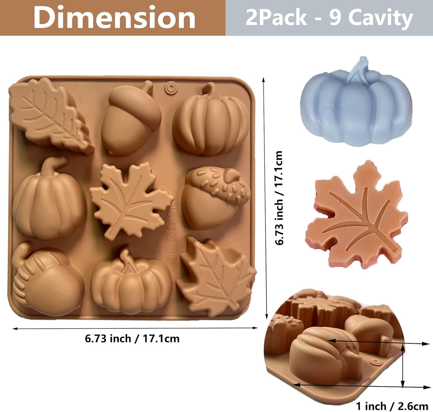 2Pcs Fall Silicone Molds Autumn Silicone Chocolate Molds, Thanksgiving Candy Mold, Fall Chocolate Molds, Leafs Acorns Pumpkins Shape for Thanksgiving Halloween Autumn Harvest, Nude Color