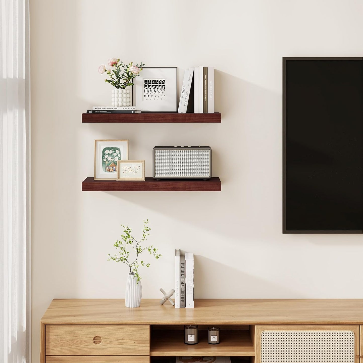 Fun Memories Rustic Floating Shelves for Home Decor, 8 Inch Deep Floating Shelf, Solid Wood Floating Wall Shelves 24 Inch Long, Deep Wall Shelves for Bathroom, Living Room, Walnut Finsh, Set of 2