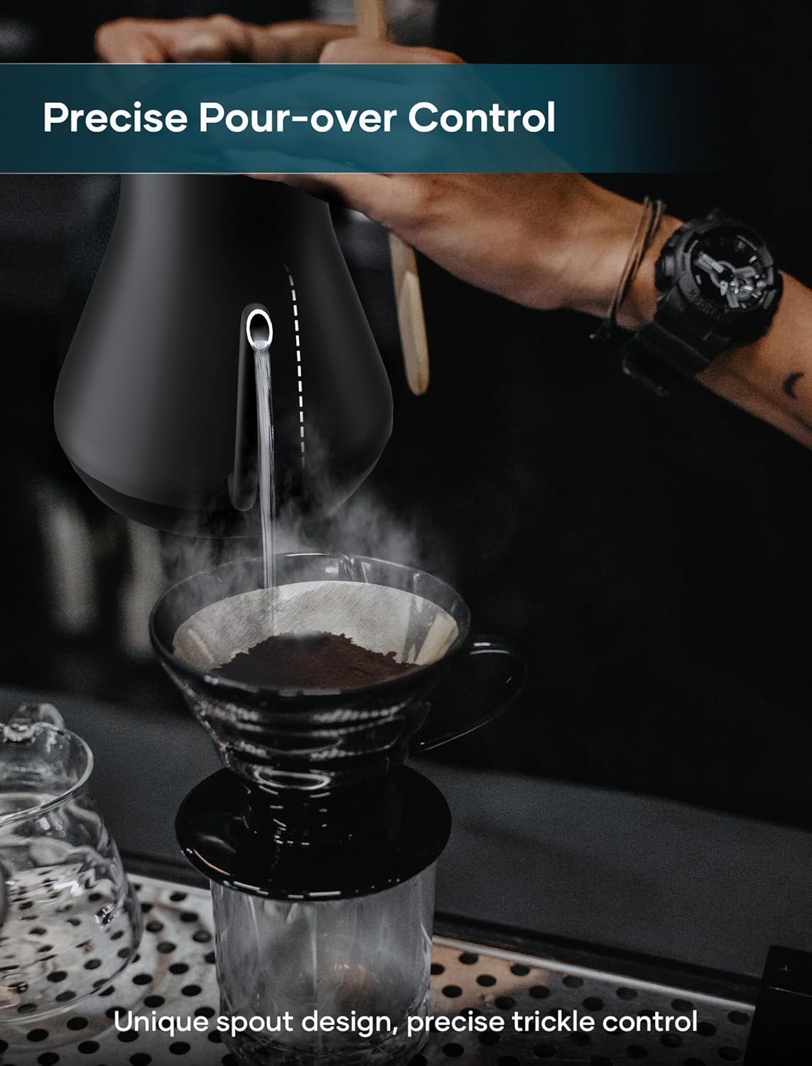 Electric Kettle, INTASTING Professional Gooseneck Kettles, 0.9L/30oz, 0.65mm Ultra-Fine Spout, Precise Water Flow Control, 304 Stainless Steel Inner, Auto Shut-Off, Boil Dry Protection, Matte Black