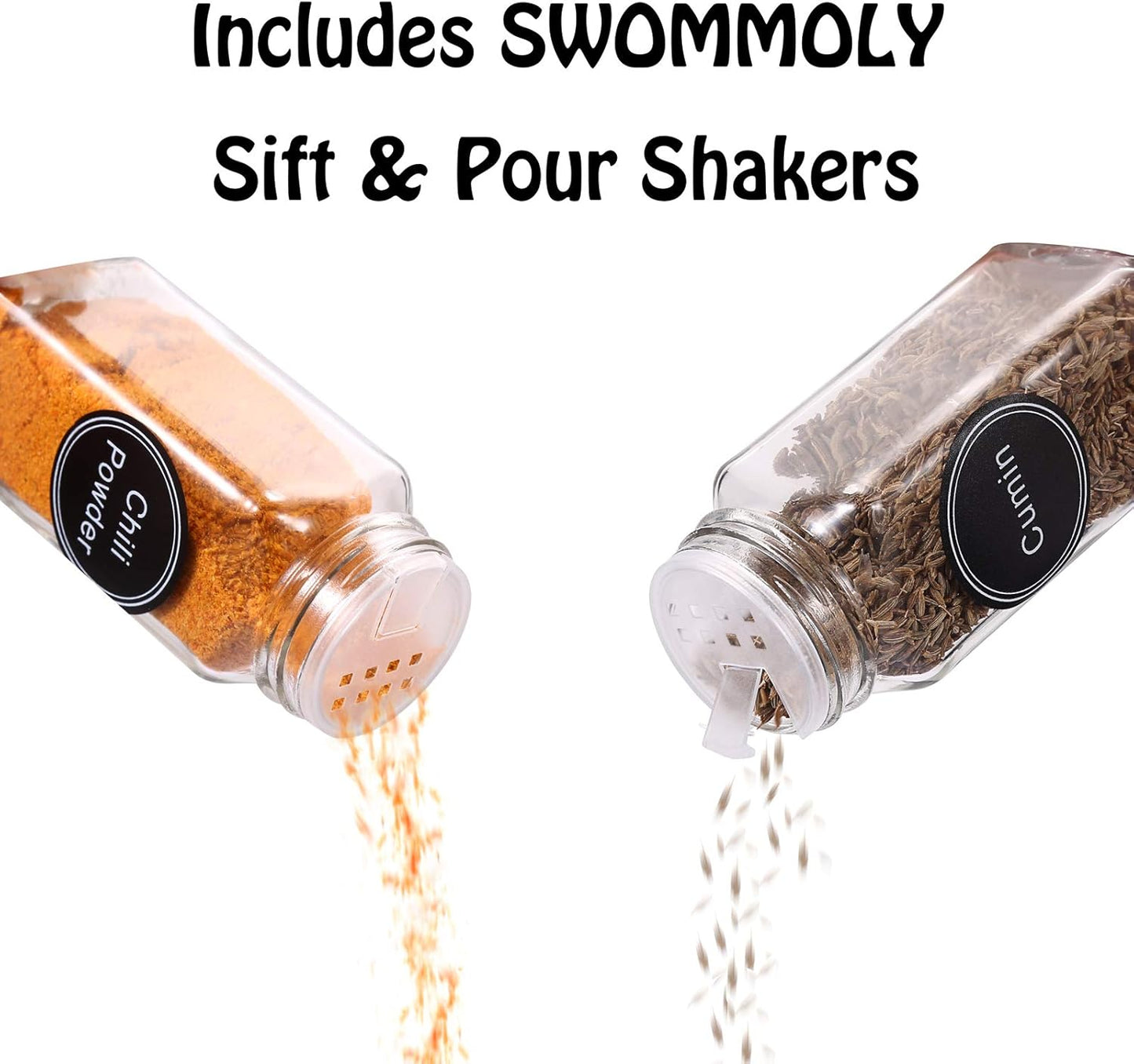 SWOMMOLY 25 Glass Spice Jars with 703 Spice Labels, Chalk Marker and Funnel Complete Set. 25 Square Glass Jars 4OZ, Airtight Cap, Pour/sift Shaker Lid