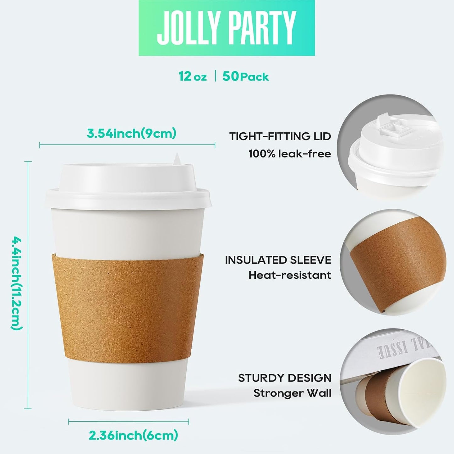 JOLLY PARTY [50 Pack] 12 oz Paper Coffee Cups, Disposable Paper Coffee Cup with Lids, Sleeves, and Stirrers, Hot/Cold Beverage Drinking Cup for Water, Juice or Tea, Suitable for Home, Shops and Cafes