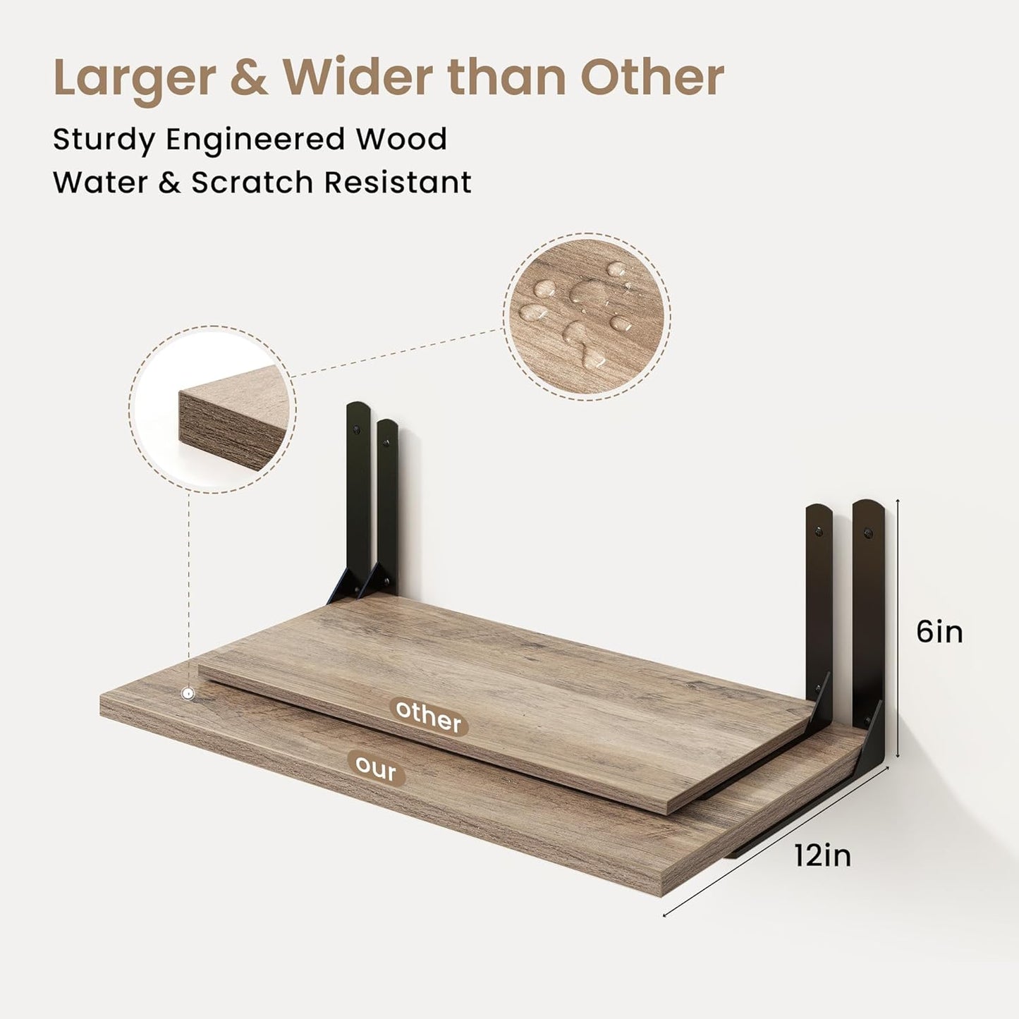 Fun Memories Floating Shelves for Wall, 12 Inch Deep Floating Shelves Set of 2, Wall Mounted Shelf with Metal Brackets, Rustic Wood Wide Shelf for Bathroom, Kitchen and Living Room, Grey, 16W x 12D