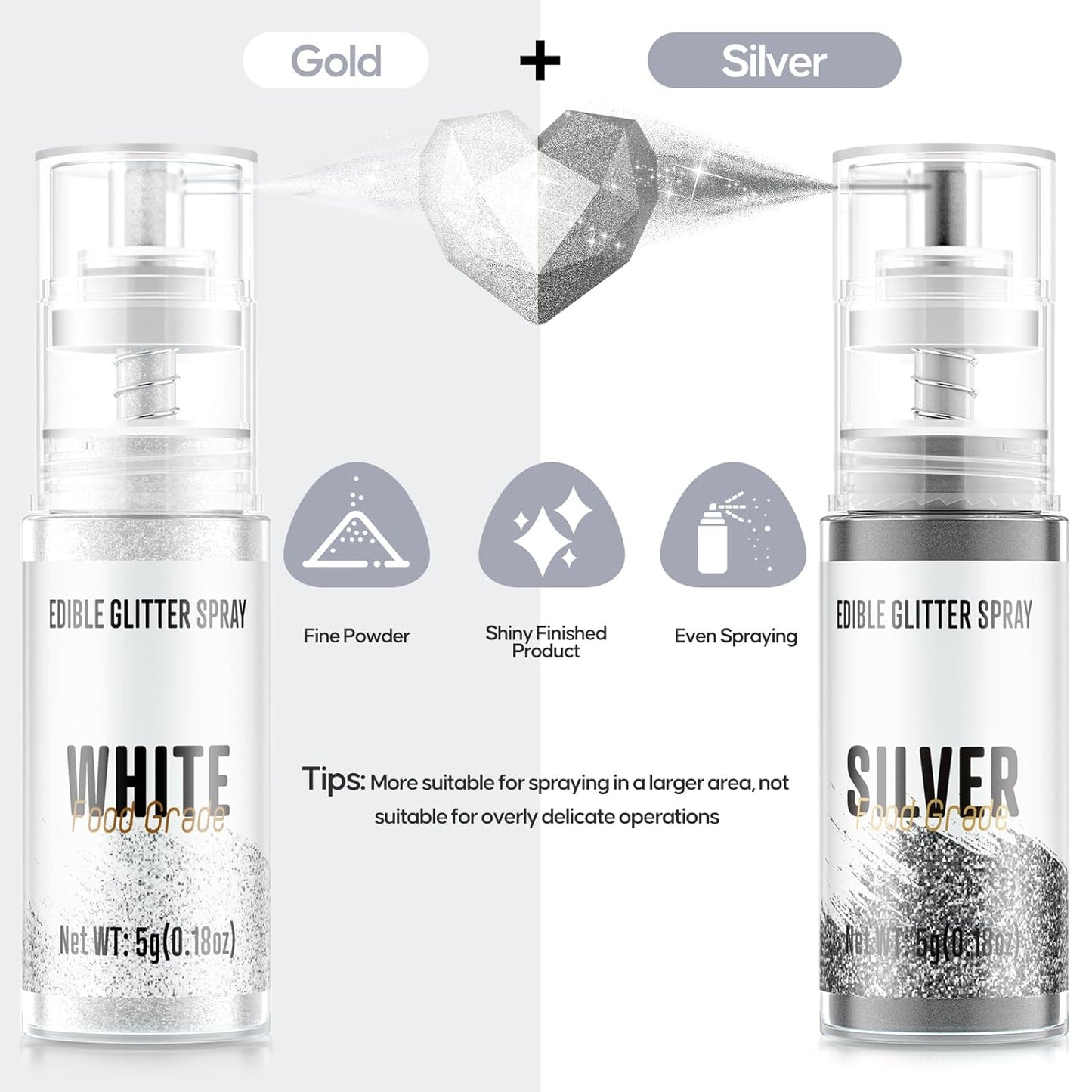 Edible Glitter Spray,2 Colors Silver & White Food Grade Edible Glitter Set for Drink Cake Beverages,Cupcakes,Cake Pops and Cookies Decorating